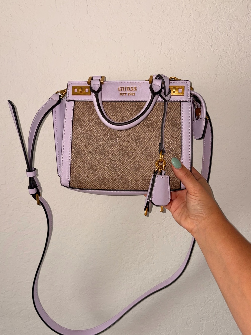 GUESS Lilac-Trim Logo Crossbody Satchel